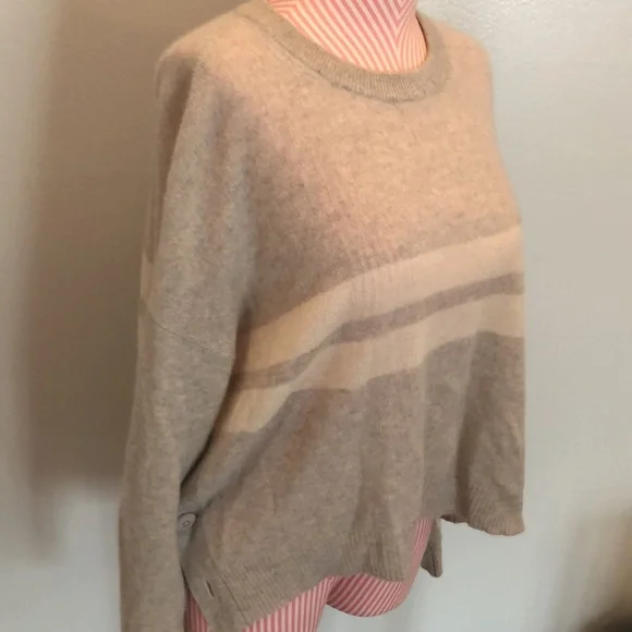 100% Cashmere Cropped Sweater Gray Grey White Stripe Crewneck 360 Cashmere - Picture 4 of 9